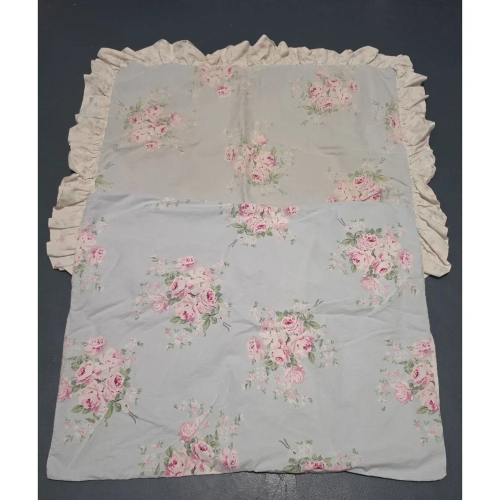 Simply Shabby Chic Floral Pillow Shams Cases Cotton Pink Blue Rose Buds Standard